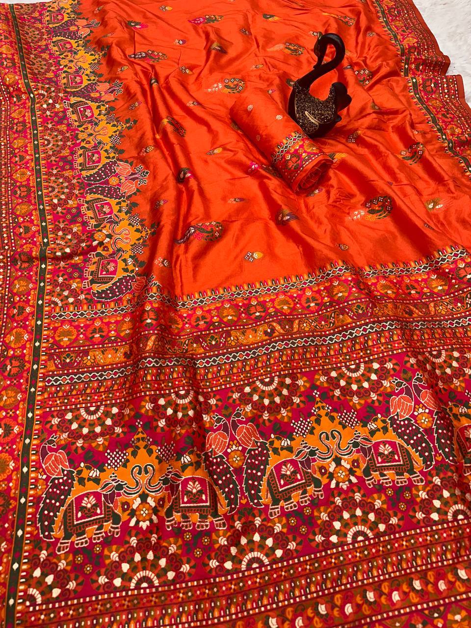 Glamorous  Pashmina Saree With Pulsating Blouse Piece - ORANGE