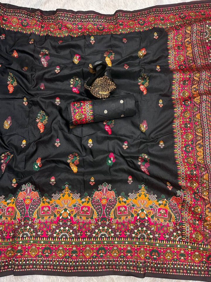 Glamorous  Pashmina Saree With Pulsating Blouse Piece - BLACK