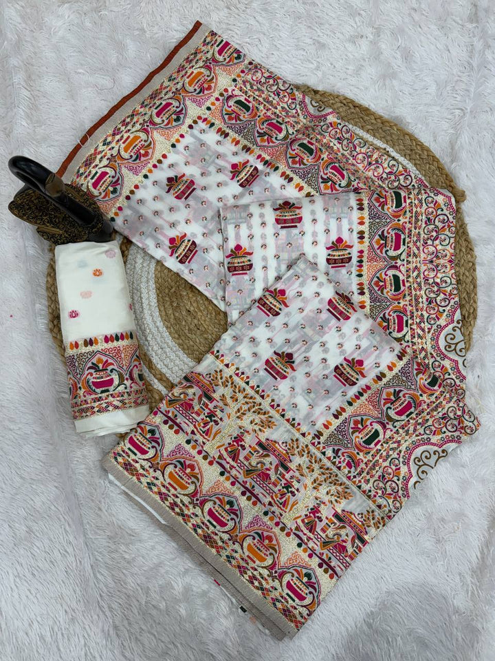 Premium  Embroidered Festive saree with Colorful Traditional Motifs &amp; Detailed Border Work- WHITE