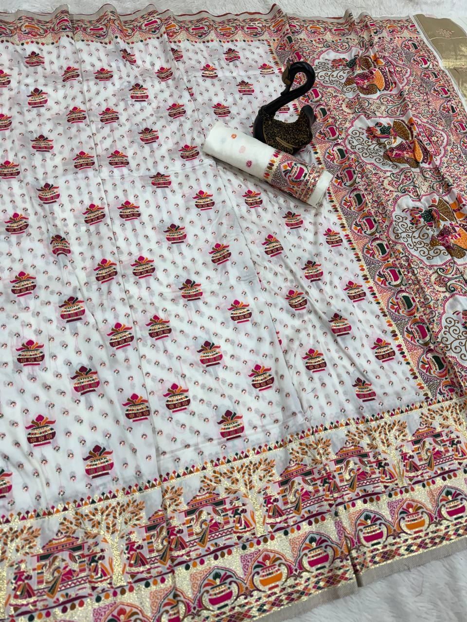 Premium  Embroidered Festive saree with Colorful Traditional Motifs &amp; Detailed Border Work- WHITE