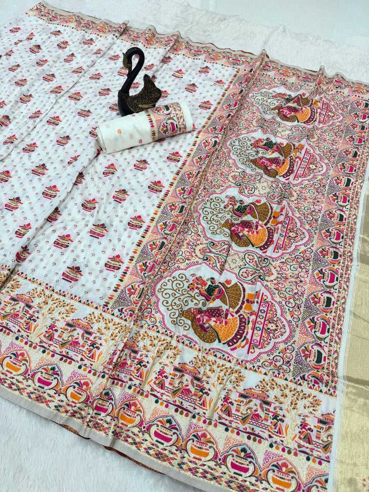 Premium  Embroidered Festive saree with Colorful Traditional Motifs &amp; Detailed Border Work- WHITE