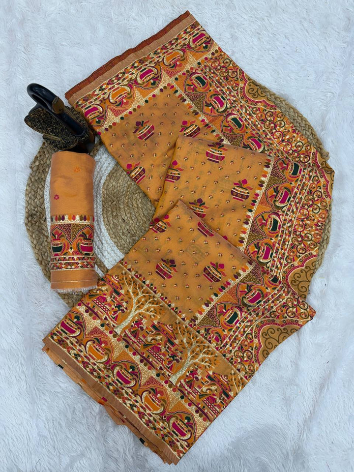 Premium  Embroidered Festive saree with Colorful Traditional Motifs &amp; Detailed Border Work- YELLOW