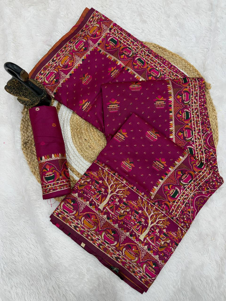 Premium  Embroidered Festive saree with Colorful Traditional Motifs &amp; Detailed Border Work-RANI PINK