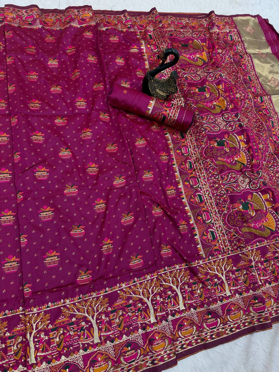 Premium  Embroidered Festive saree with Colorful Traditional Motifs &amp; Detailed Border Work-RANI PINK