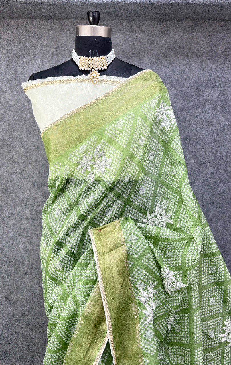 Elegant Olive Green &amp; White Printed Saree with Floral Buti Design