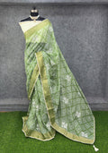 Elegant Olive Green & White Printed Saree with Floral Buti Design