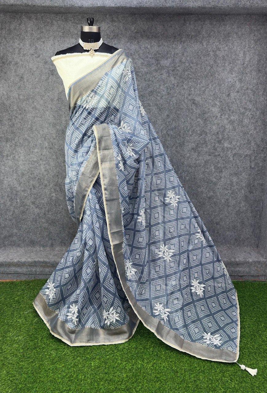 Elegant Grey &amp; White Printed Saree with Floral Buti Design