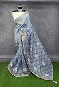 Elegant Grey & White Printed Saree with Floral Buti Design