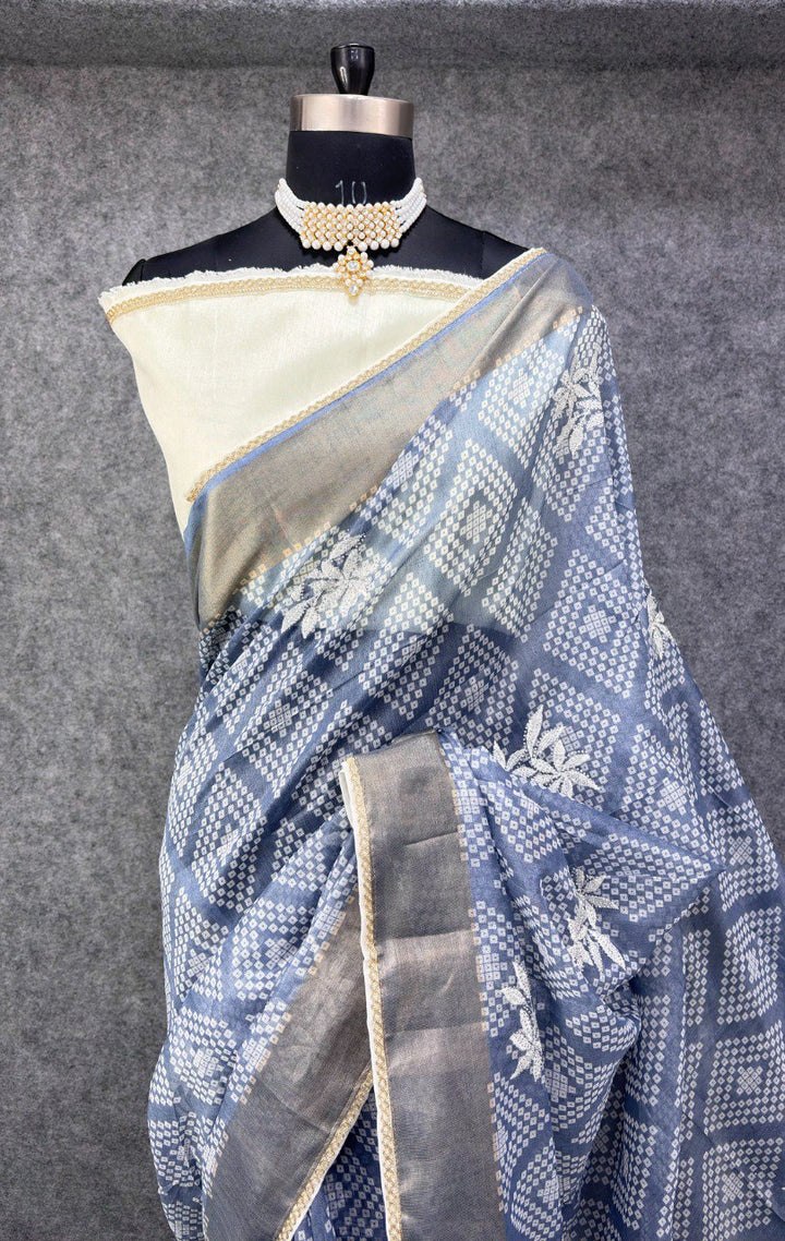Elegant Grey &amp; White Printed Saree with Floral Buti Design