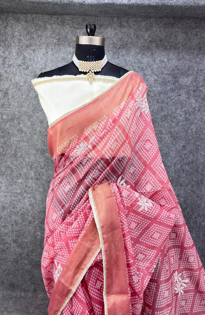 Elegant Pink &amp; White Printed Saree with Floral Buti Design