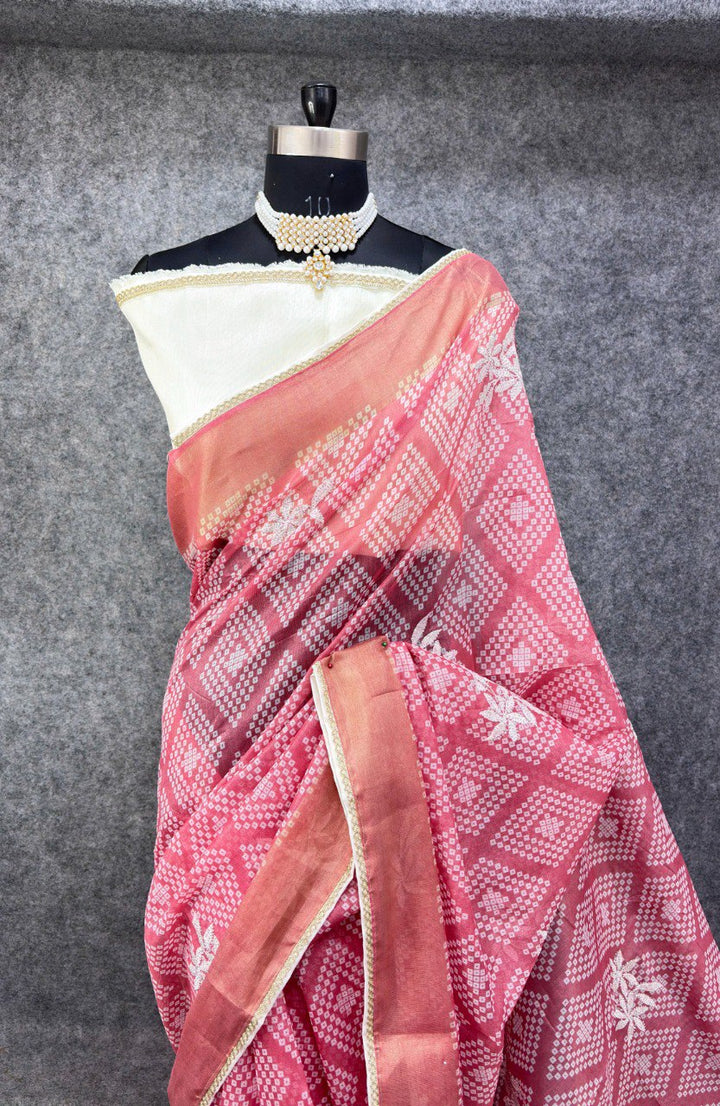 Elegant Pink &amp; White Printed Saree with Floral Buti Design
