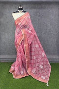 Elegant Pink & White Printed Saree with Floral Buti Design