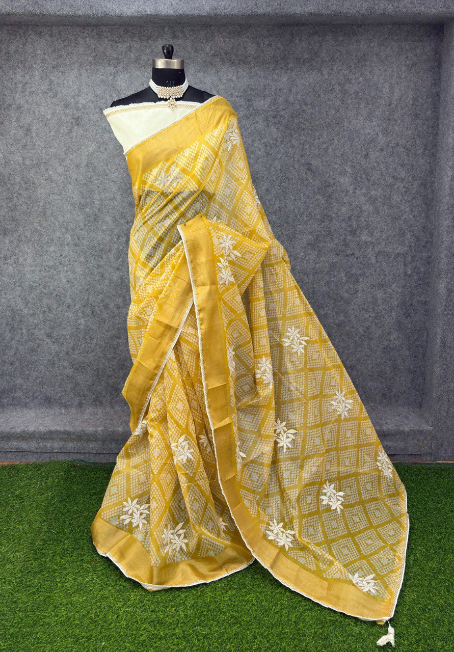 Elegant Yellow &amp; White Printed Saree with Floral Buti Design