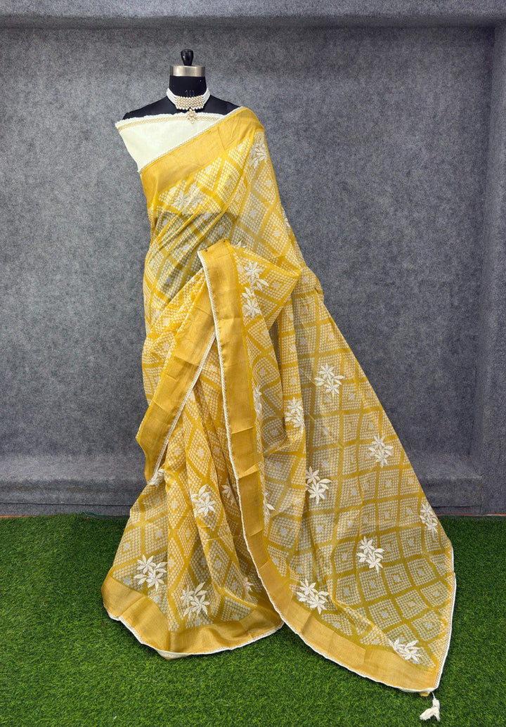 Elegant Yellow &amp; White Printed Saree with Floral Buti Design
