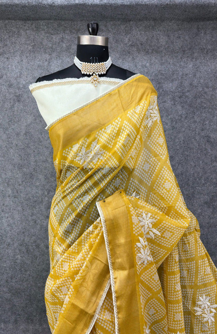 Elegant Yellow &amp; White Printed Saree with Floral Buti Design