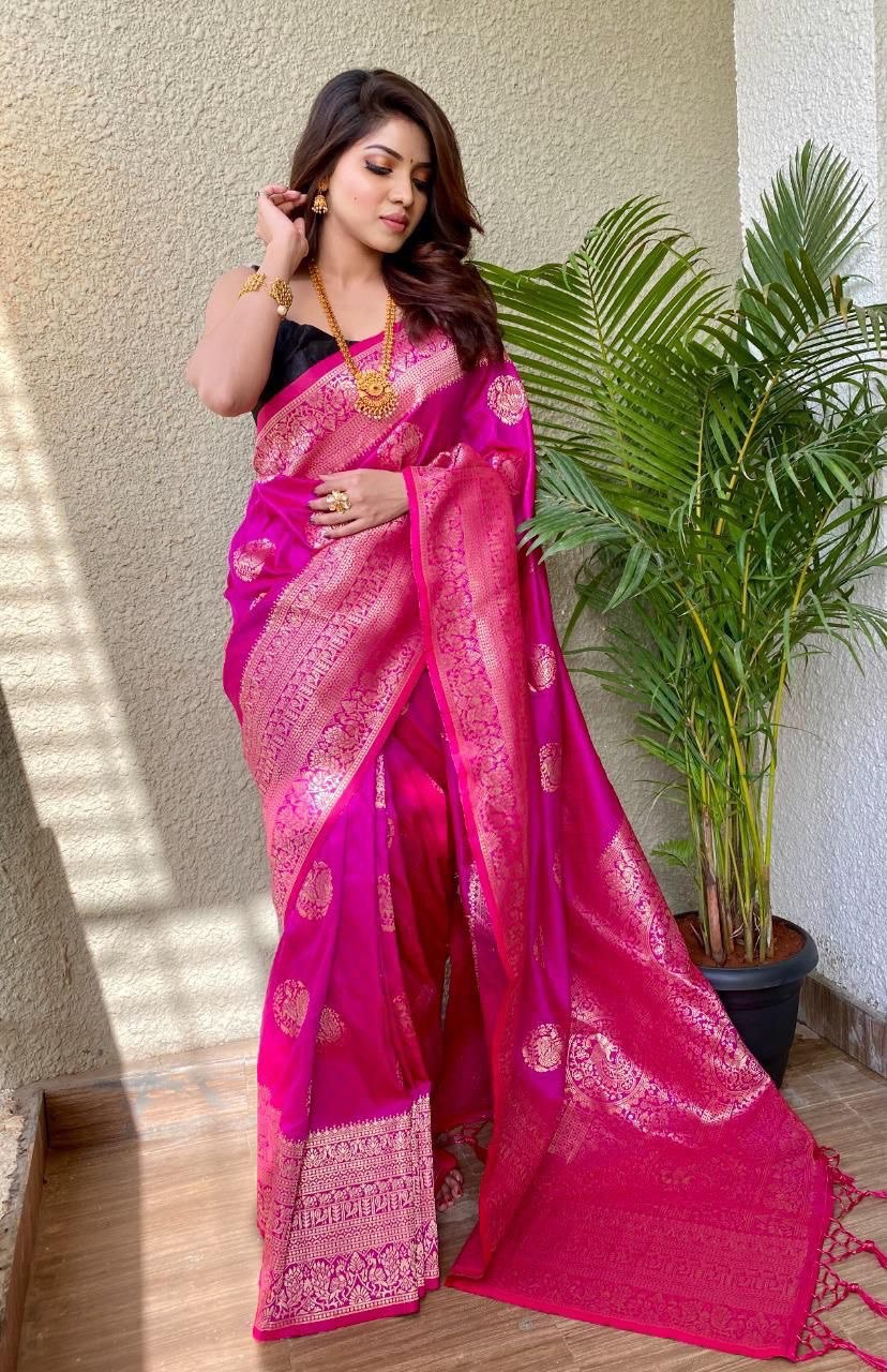 Pink Color Banarasi Litchi Silk Saree With Blouse Piece