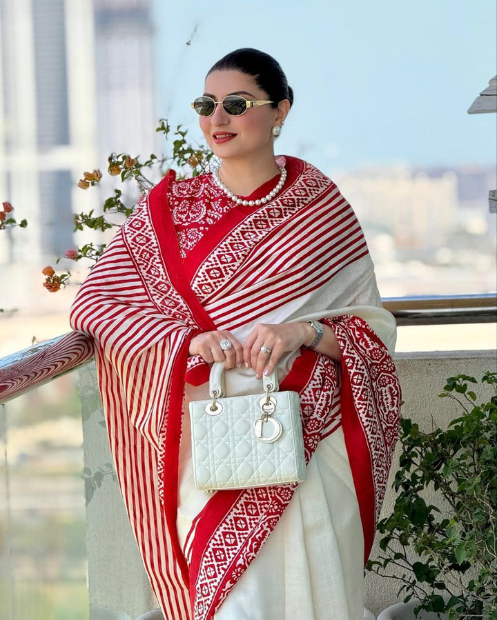 Elegant White &amp; Red Traditional Printed Saree with Ethnic Border