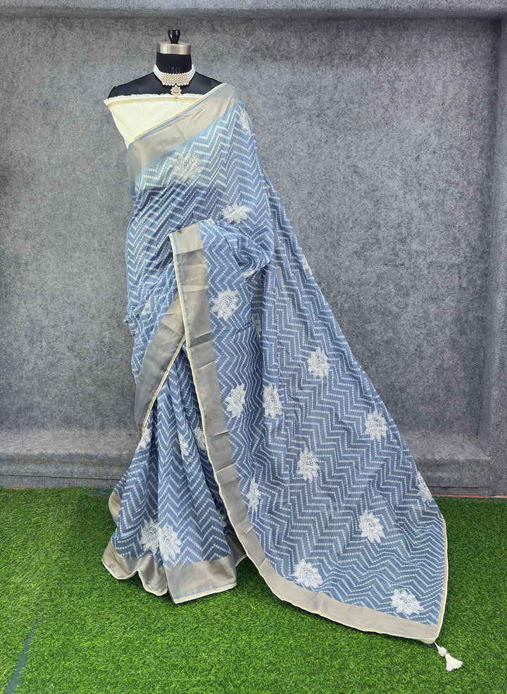 Elegant Sky Blue &amp; Silver Zigzag Designer Saree with Floral Buti Work