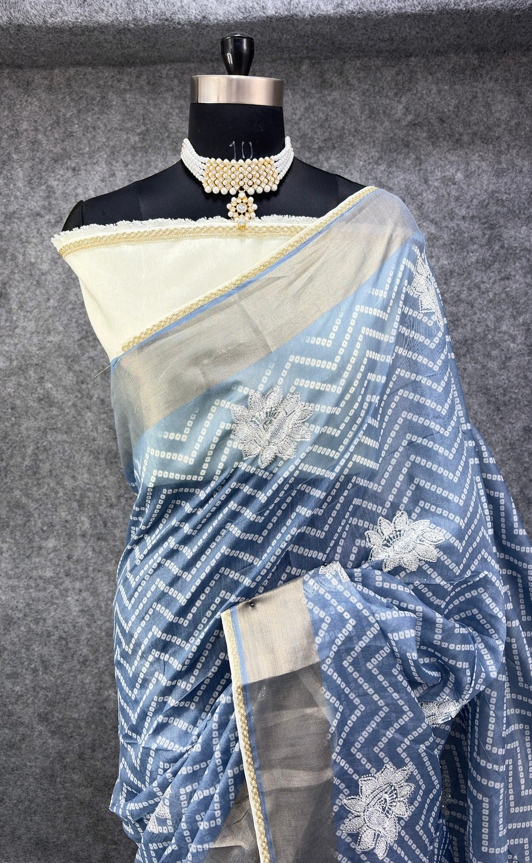 Elegant Sky Blue &amp; Silver Zigzag Designer Saree with Floral Buti Work