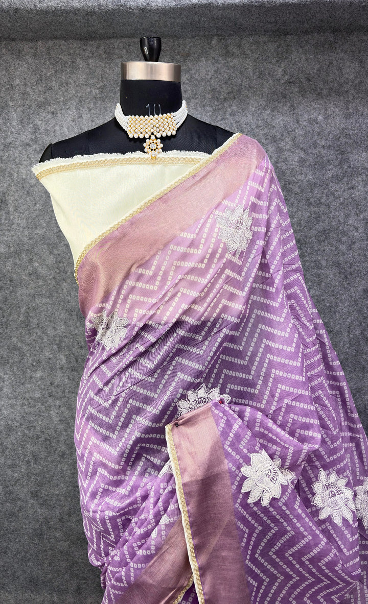 Elegant Purple &amp; Silver Zigzag Designer Saree with Floral Buti Work