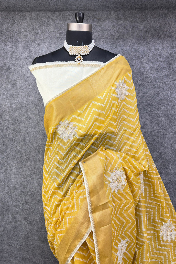 Elegant Yellow &amp; Silver Zigzag Designer Saree with Floral Buti Work