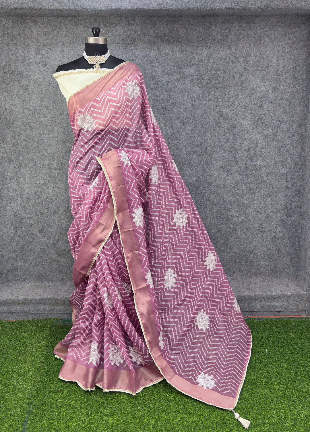 Elegant Wine &amp; Silver Zigzag Designer Saree with Floral Buti Work