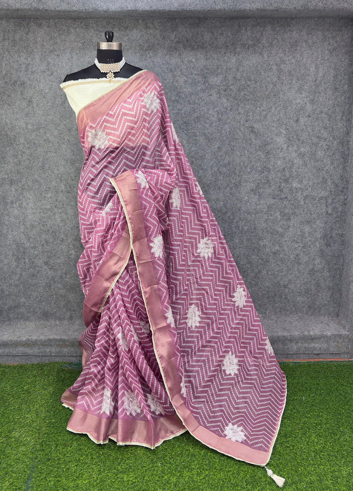 Elegant Wine &amp; Silver Zigzag Designer Saree with Floral Buti Work