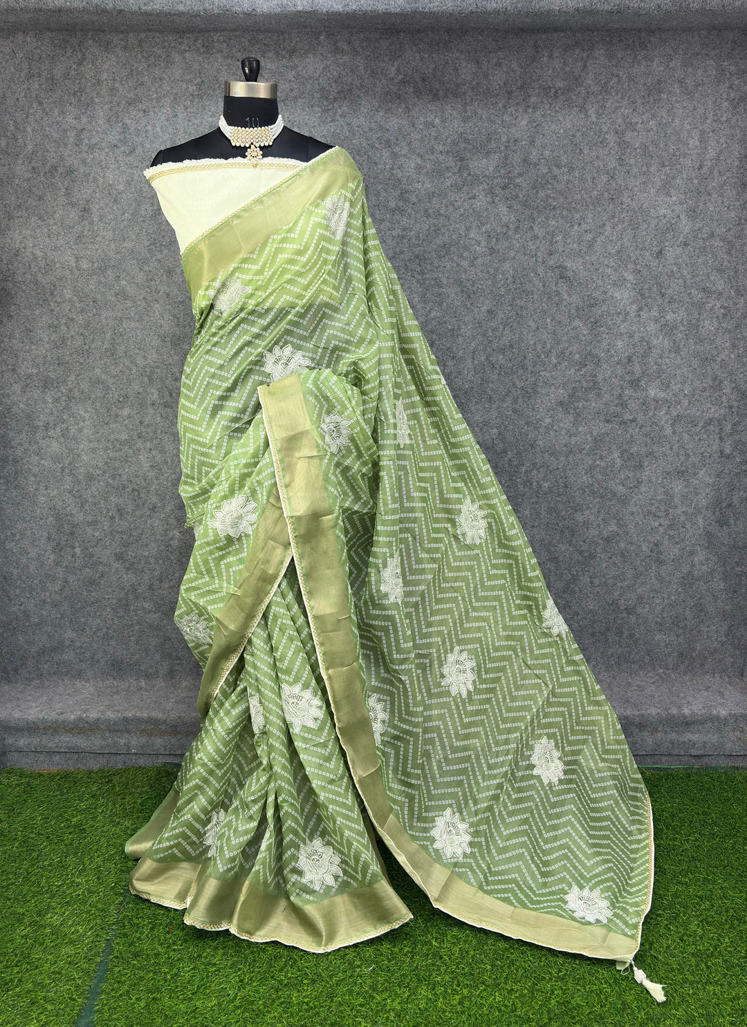 Elegant Pista &amp; Silver Zigzag Designer Saree with Floral Buti Work