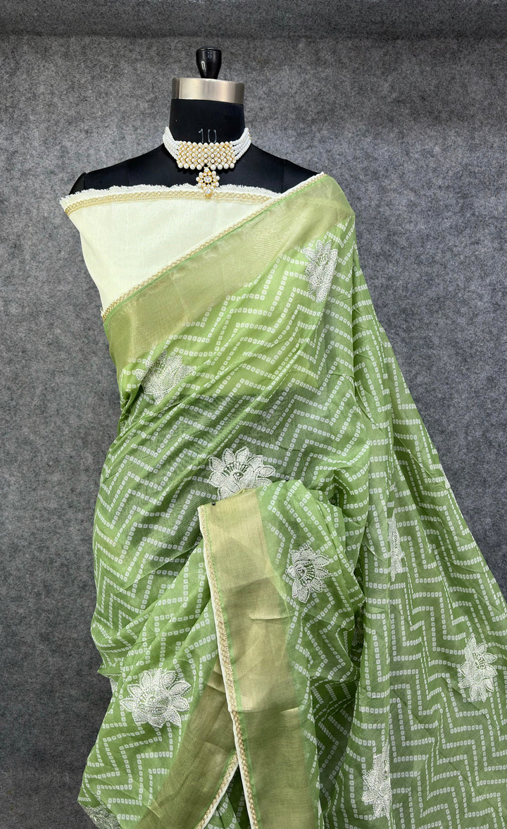 Elegant Pista &amp; Silver Zigzag Designer Saree with Floral Buti Work