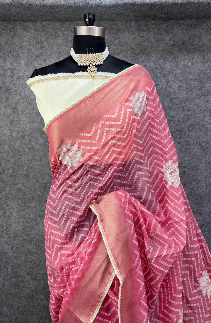 Elegant Pink &amp; Silver Zigzag Designer Saree with Floral Buti Work