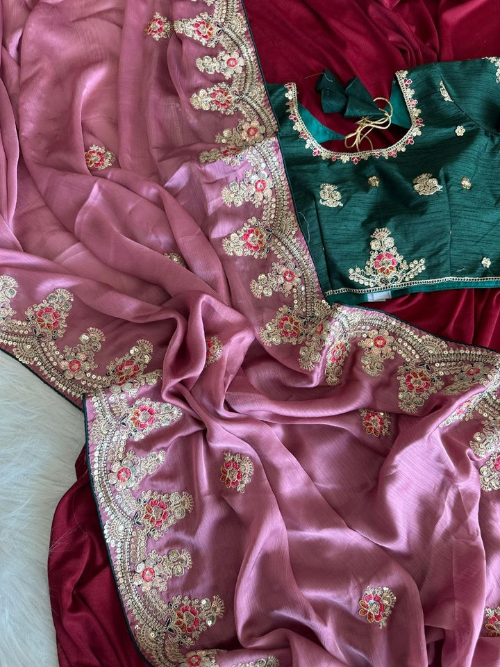 Elegant Designer Saree with Embroidered Border - ROSE PINK