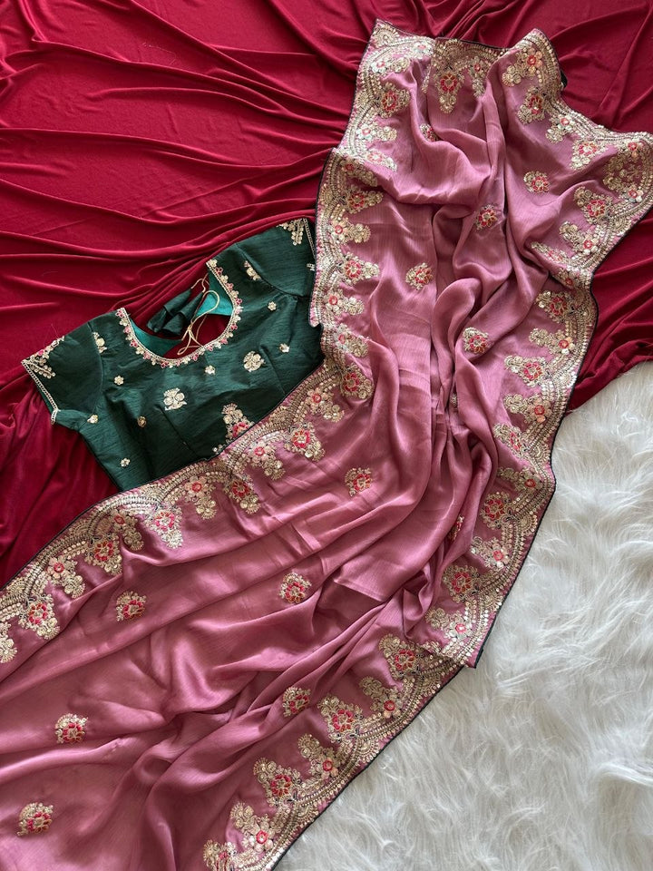 Elegant Designer Saree with Embroidered Border - ROSE PINK