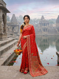 Elegant Ivory Floral Banarasi Silk Saree - RED