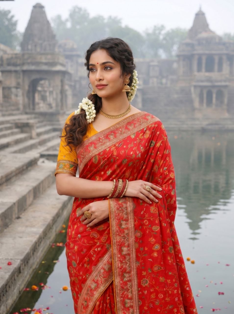 Elegant Ivory Floral Banarasi Silk Saree - RED