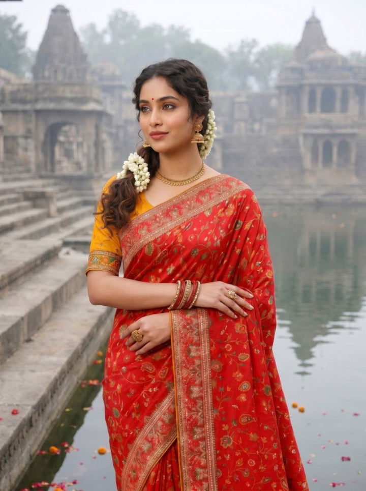 Elegant Ivory Floral Banarasi Silk Saree - RED