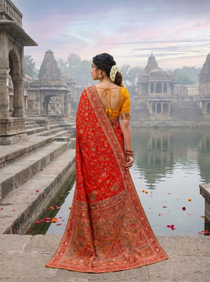 Elegant Ivory Floral Banarasi Silk Saree - RED