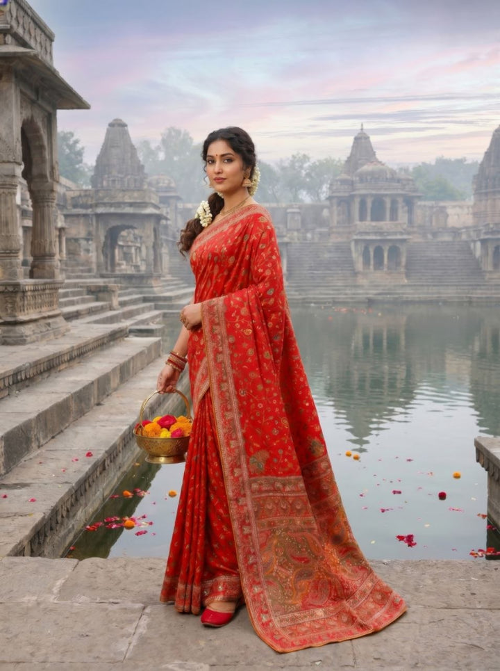 Elegant Ivory Floral Banarasi Silk Saree - RED