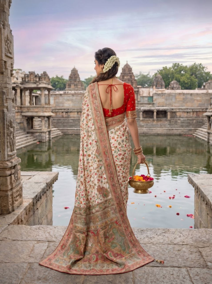 Elegant Ivory Floral Banarasi Silk Saree - WHITE