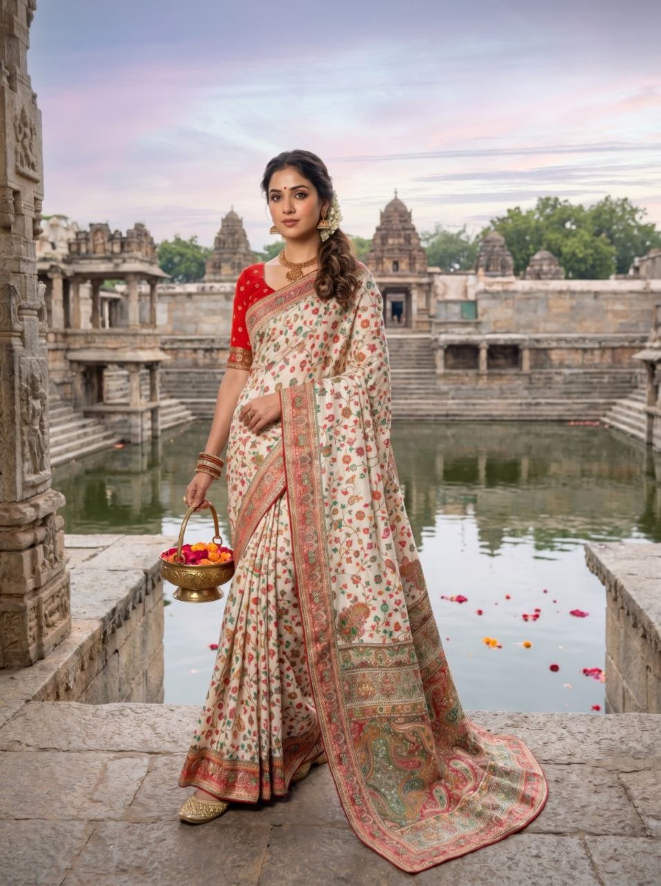 Elegant Ivory Floral Banarasi Silk Saree - WHITE