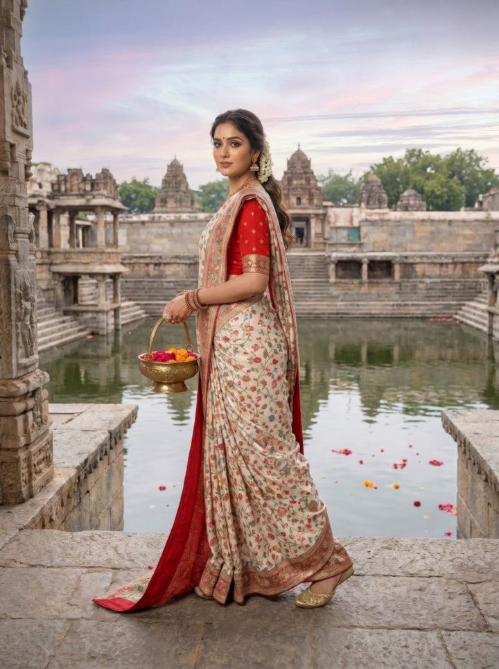 Elegant Ivory Floral Banarasi Silk Saree - WHITE