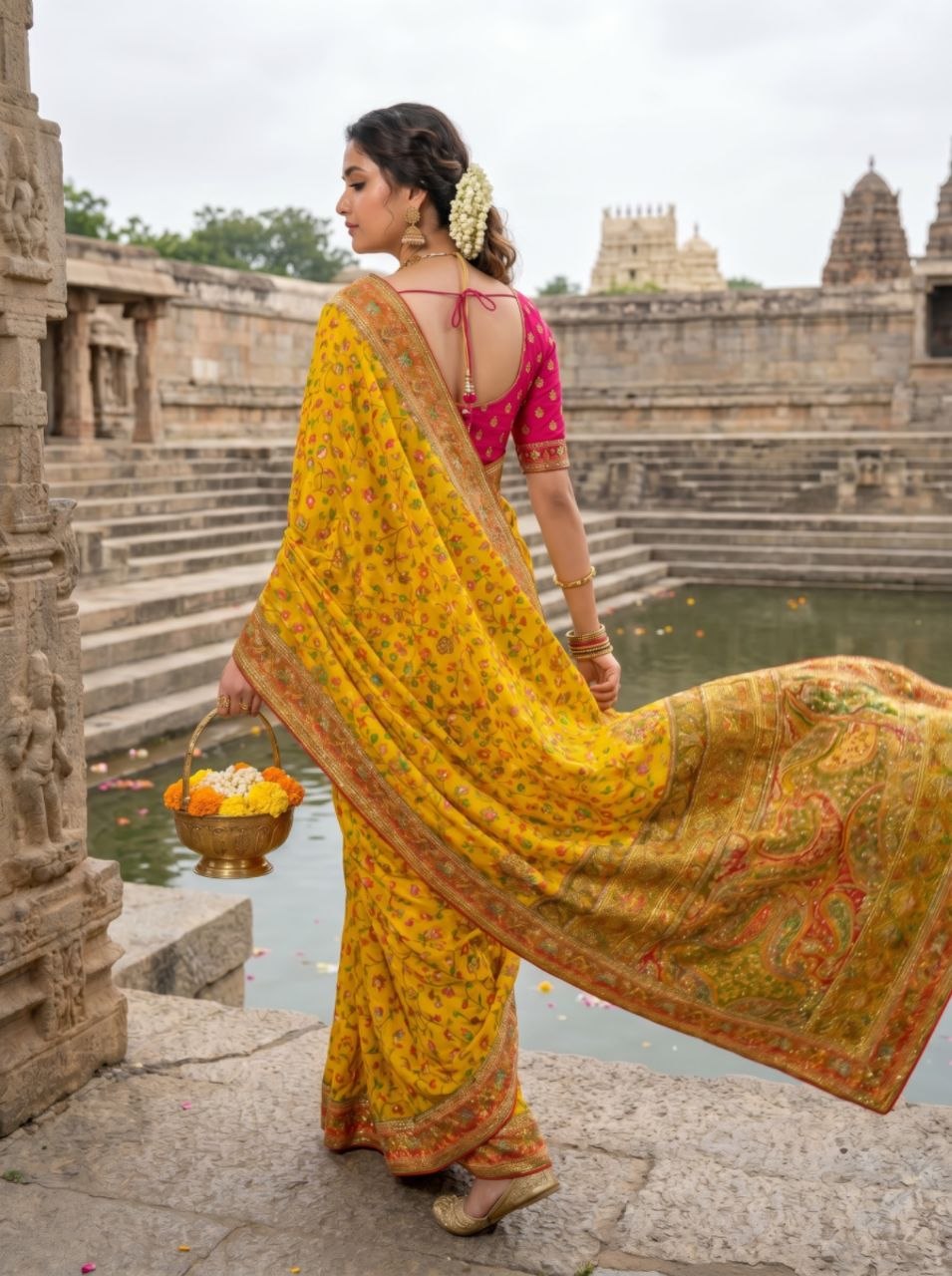 Elegant Ivory Floral Banarasi Silk Saree - YELLOW