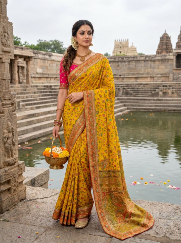 Elegant Ivory Floral Banarasi Silk Saree - YELLOW