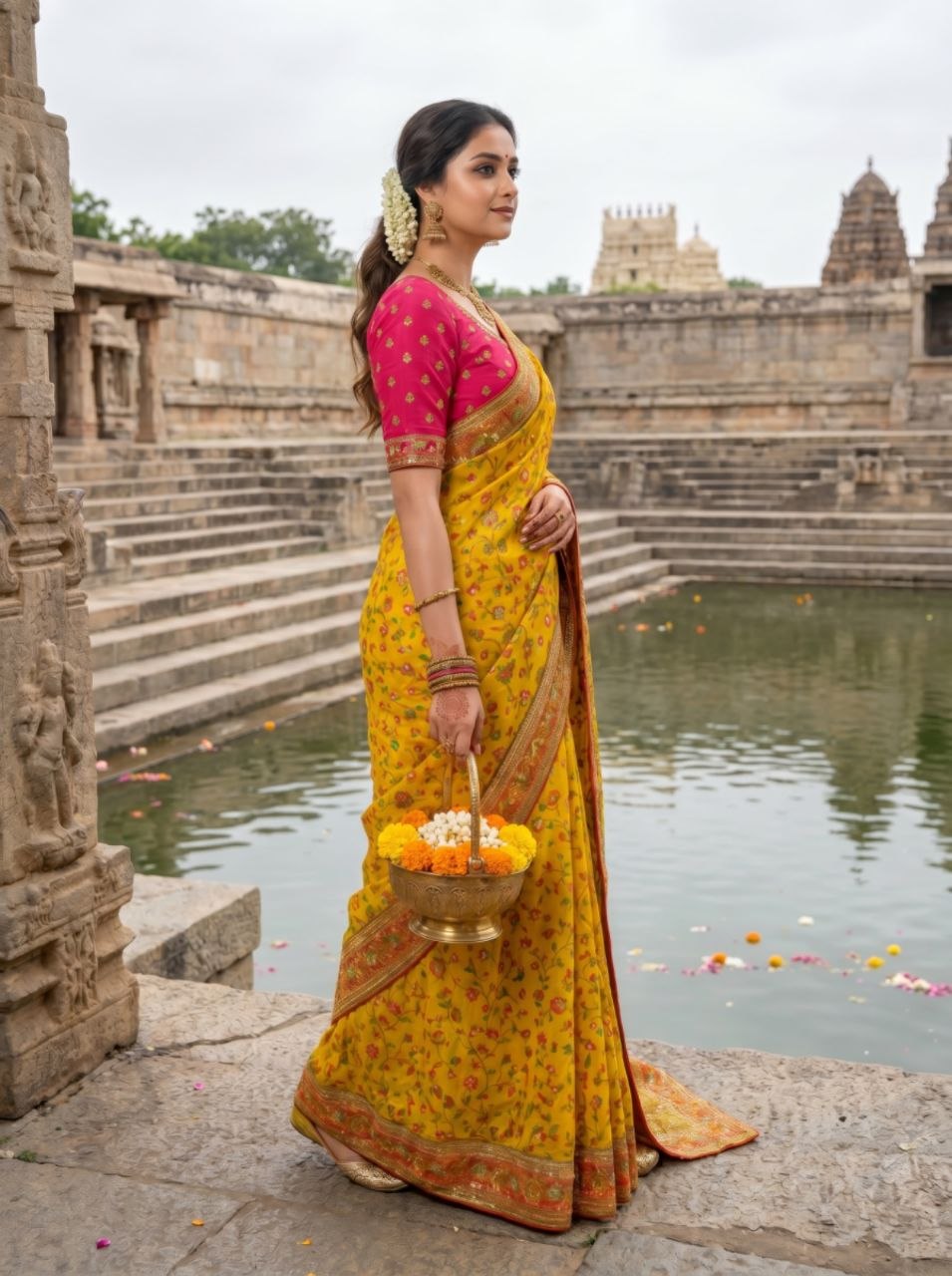 Elegant Ivory Floral Banarasi Silk Saree - YELLOW