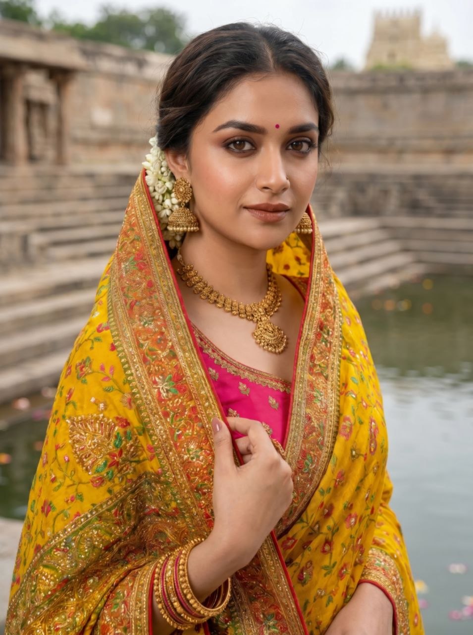 Elegant Ivory Floral Banarasi Silk Saree - YELLOW