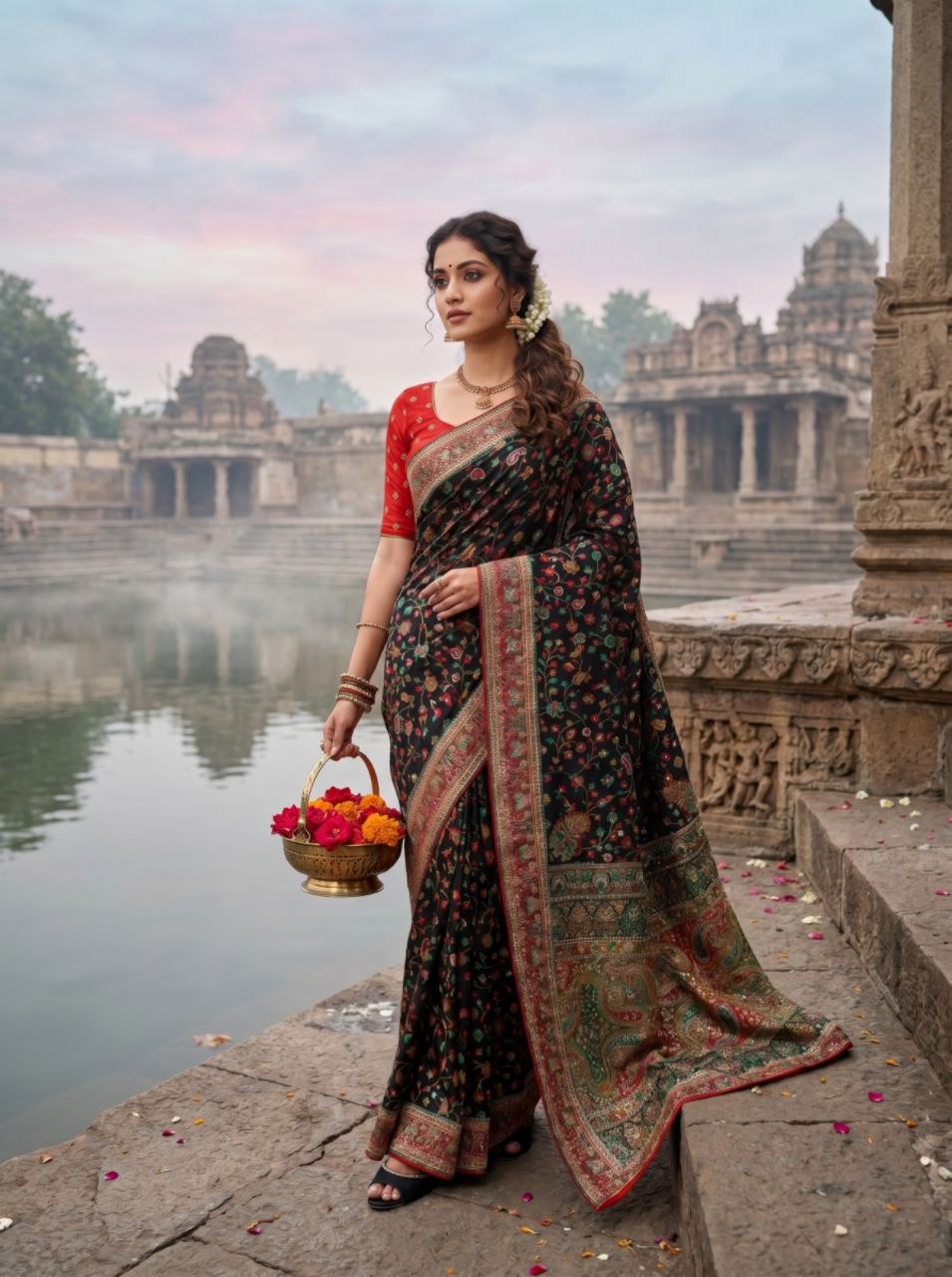 Elegant Ivory Floral Banarasi Silk Saree - BLACK