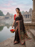 Elegant Ivory Floral Banarasi Silk Saree - BLACK