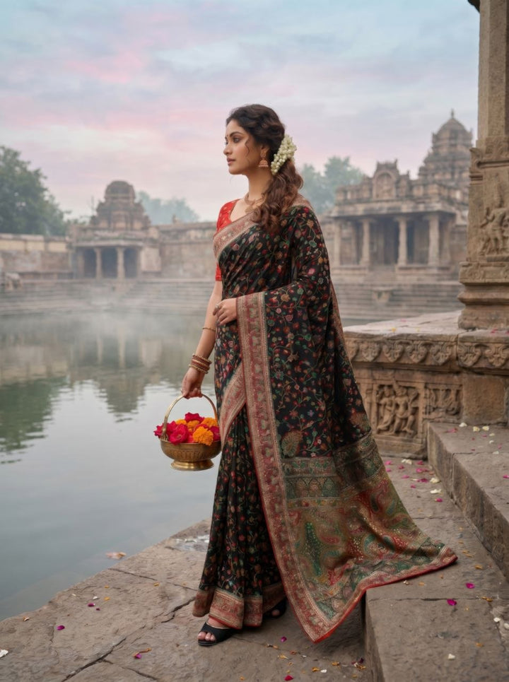 Elegant Ivory Floral Banarasi Silk Saree - BLACK