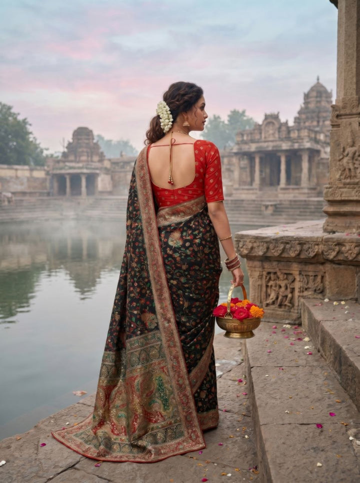 Elegant Ivory Floral Banarasi Silk Saree - BLACK