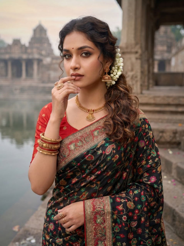 Elegant Ivory Floral Banarasi Silk Saree - BLACK