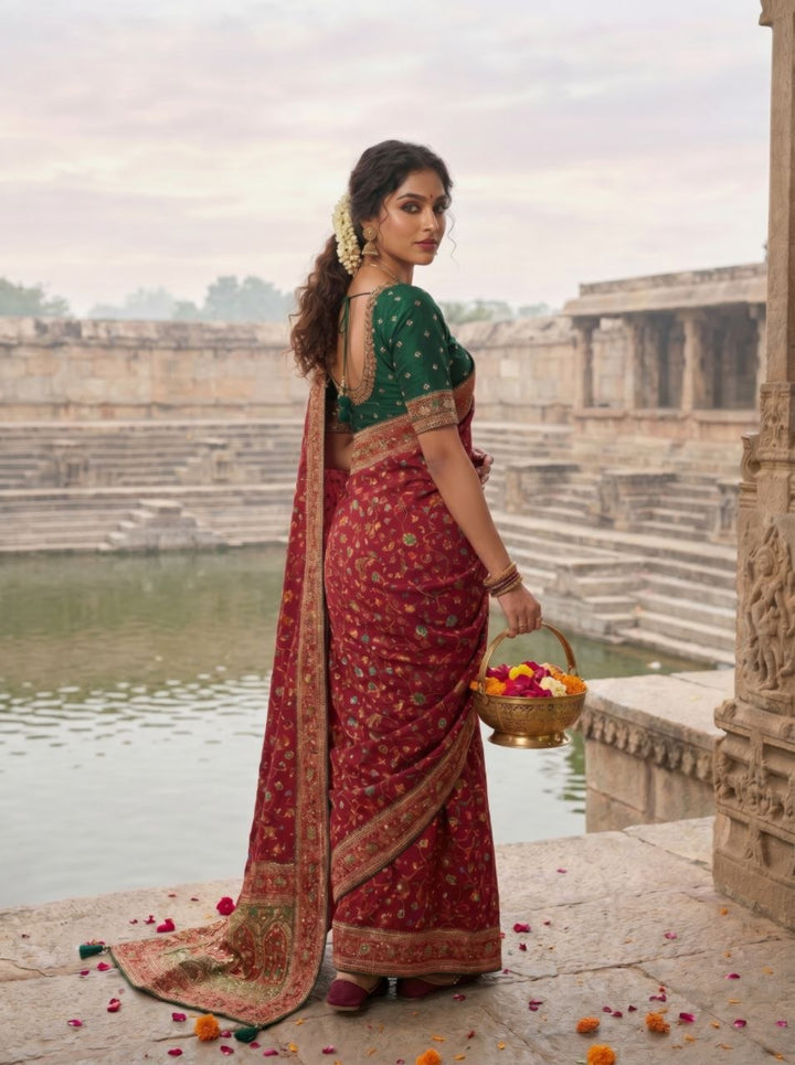 Elegant Ivory Floral Banarasi Silk Saree - MAROON